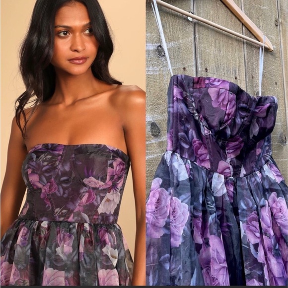 Purple Floral Strapless Bustier Chiffon Organza Maxi Dress 🌿 - Picture 4 of 11